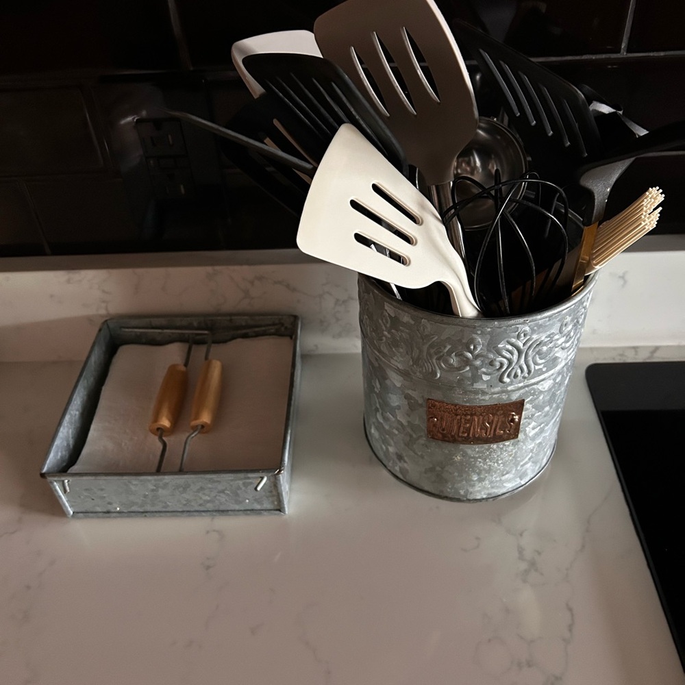 Galvanized Utensil Holder with Kitchen Tools